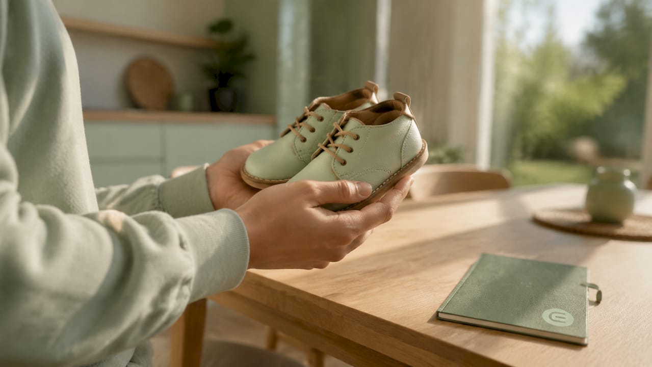 In liebevoller Handarbeit gefertigte, nachhaltige Kinderschuhe werden behutsam in den Händen gehalten.