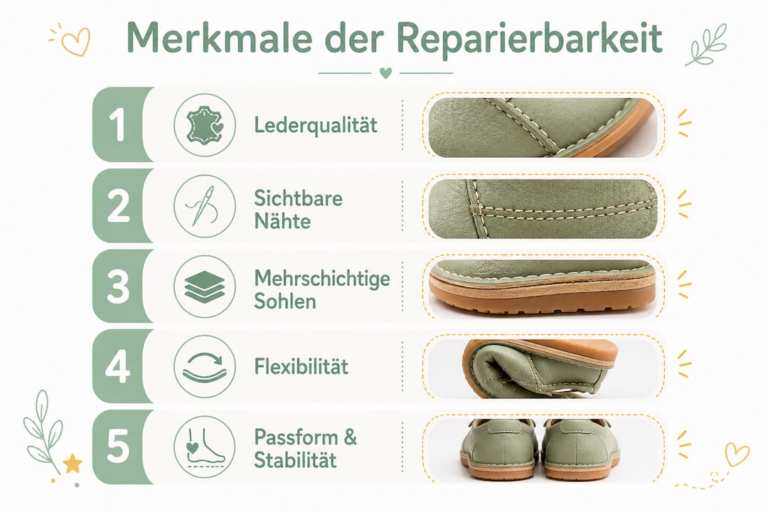 Die Infografik gibt einen Überblick über die wichtigsten Aspekte, die bei der Reparatur von Kinderschuhen zu beachten sind.