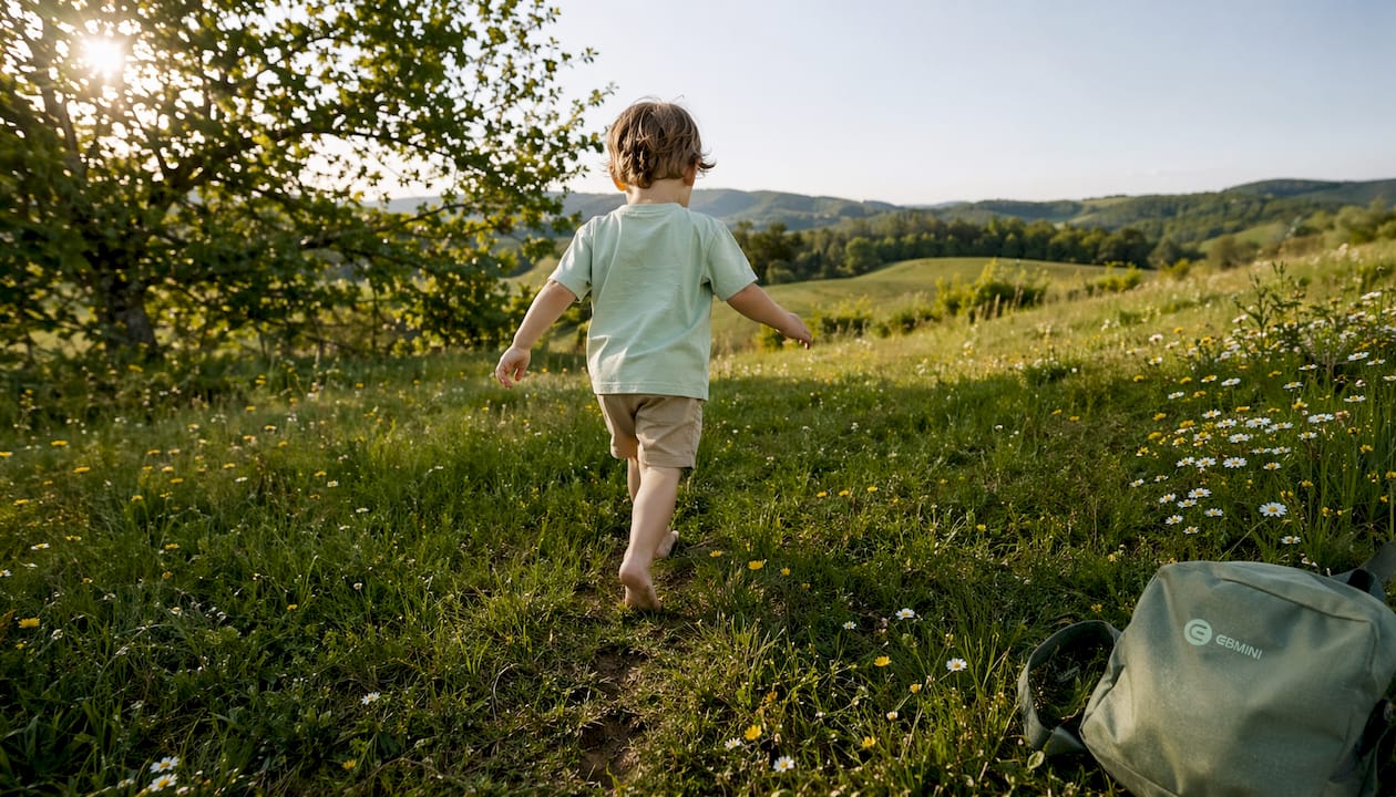 Ein Kind läuft in Barfußsandalen über einen Weg aus Naturstein.