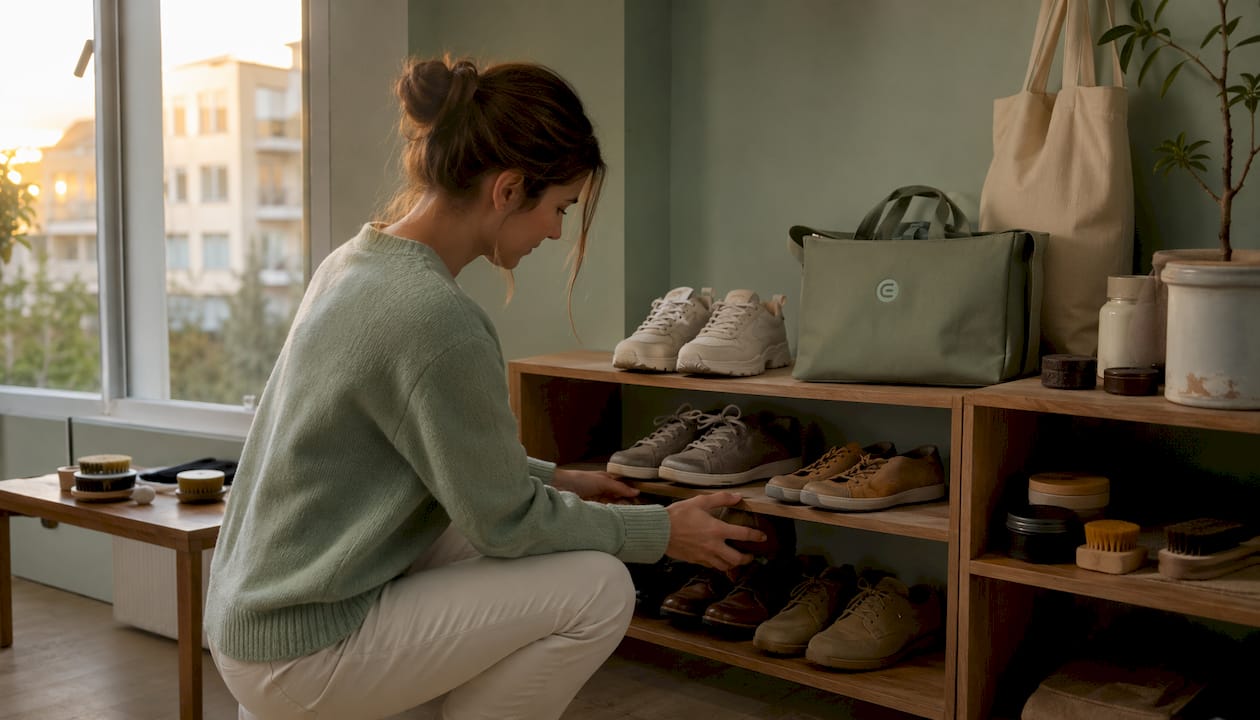Mit geschickten Händen werden die Schuhe ordentlich ins Regal eingeräumt.