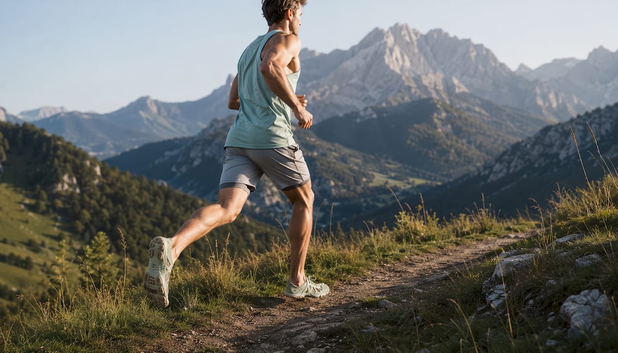 Ein Mann joggt draußen mit Xero Trail Barfußschuhen.