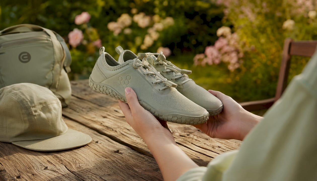In den Händen werden Vivobarefoot Barfußschuhe aus nächster Nähe präsentiert.