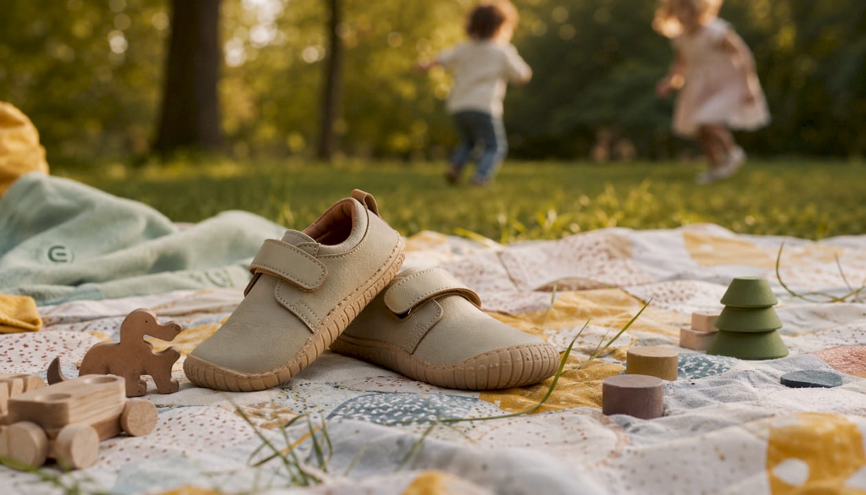 Detailansicht von kindgerechten Barfußschuhen bei einem Spaziergang im Grünen