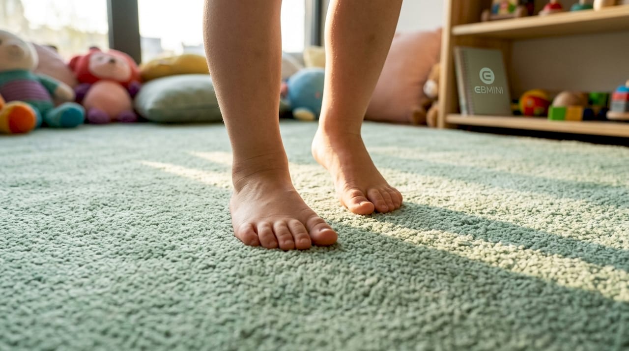 Barfüßige Kinder tapsen über den Holzboden.