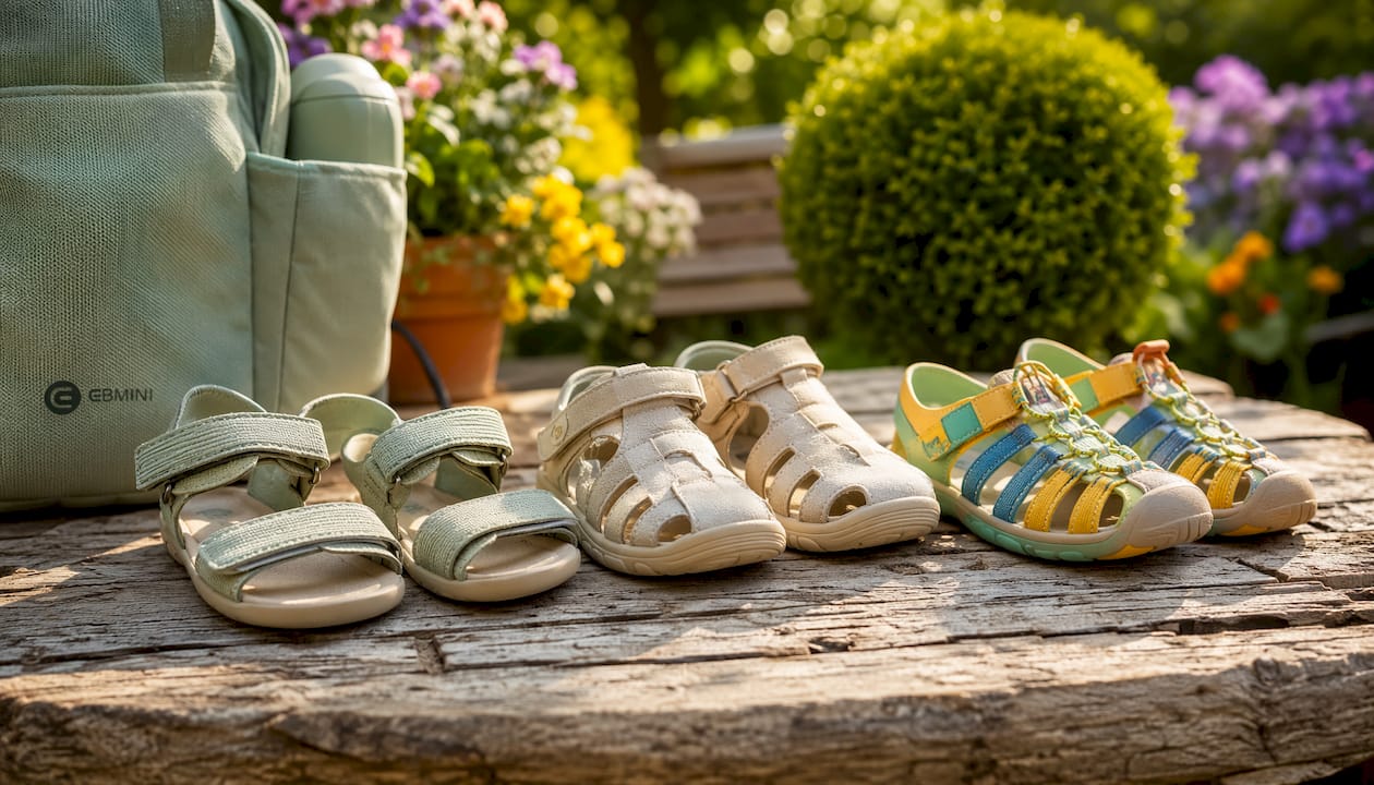 Auf der Ladentheke liegen verschiedene hochwertige Kindersandalen zur Auswahl.