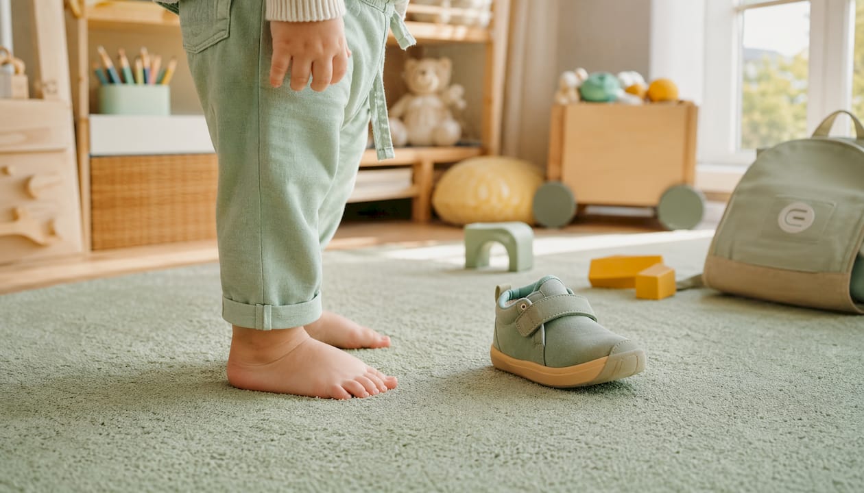 Ein Kinderfuß steht barfuß direkt neben einem flachen Schuh ohne Absatz auf dem Boden.