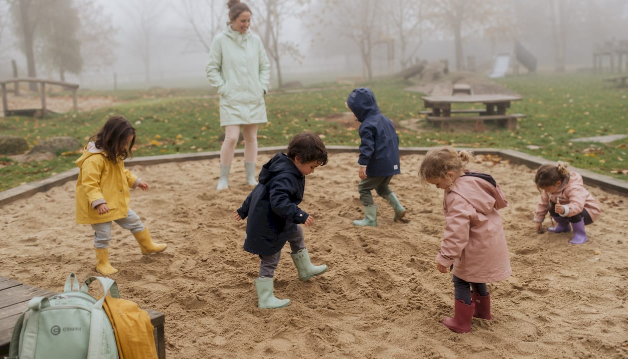 Draußen tollen Kinder mit unterschiedlichen wetterfesten Schuhen herum.