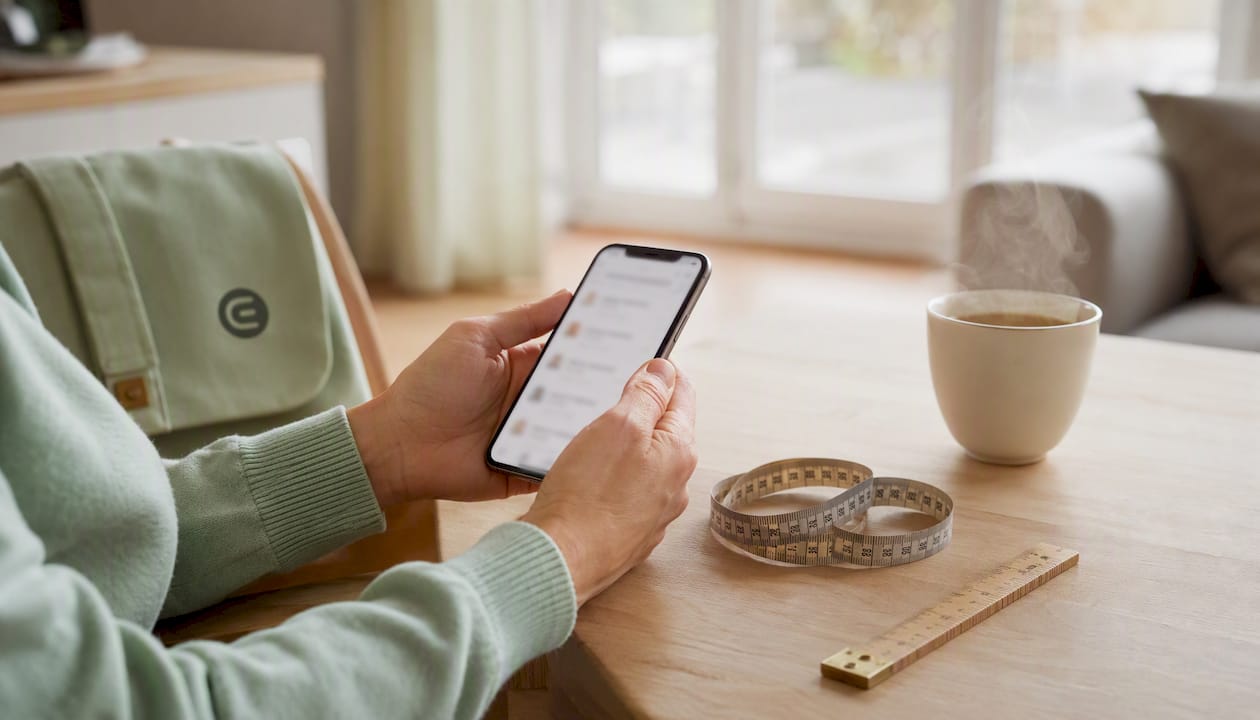 Beim Schuhkauf: Smartphone und Maßband griffbereit in der Hand