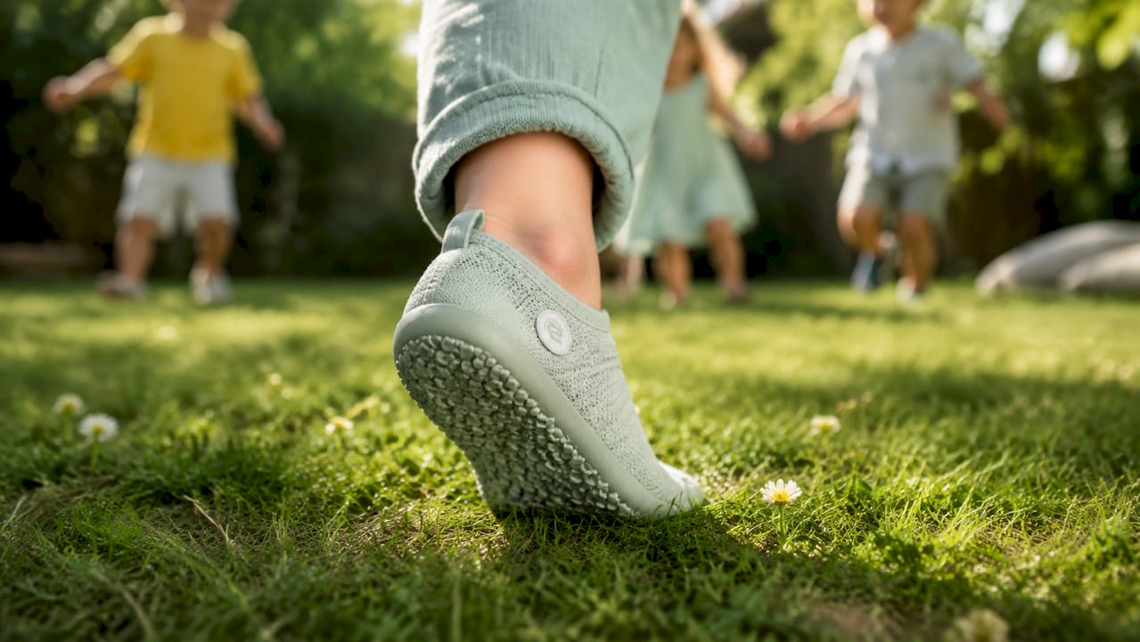 Ein Kleinkind steht mit einem Barfußschuh auf einer Wiese.