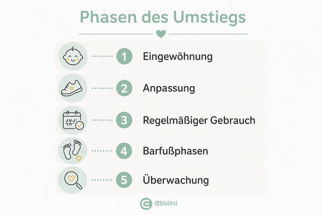 Grafik: Die einzelnen Schritte auf dem Weg zum Barfußschuh – so gelingt der Umstieg