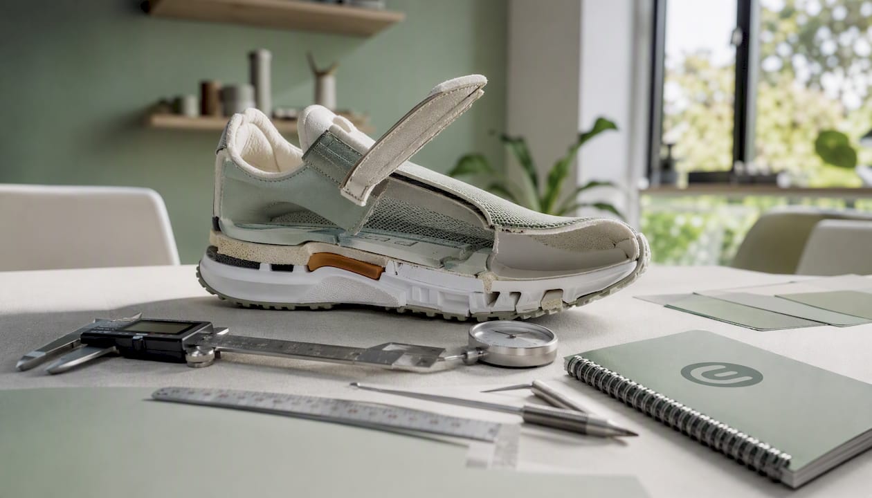 Offen dargestellter Schuh mit sichtbaren Verstärkungen
