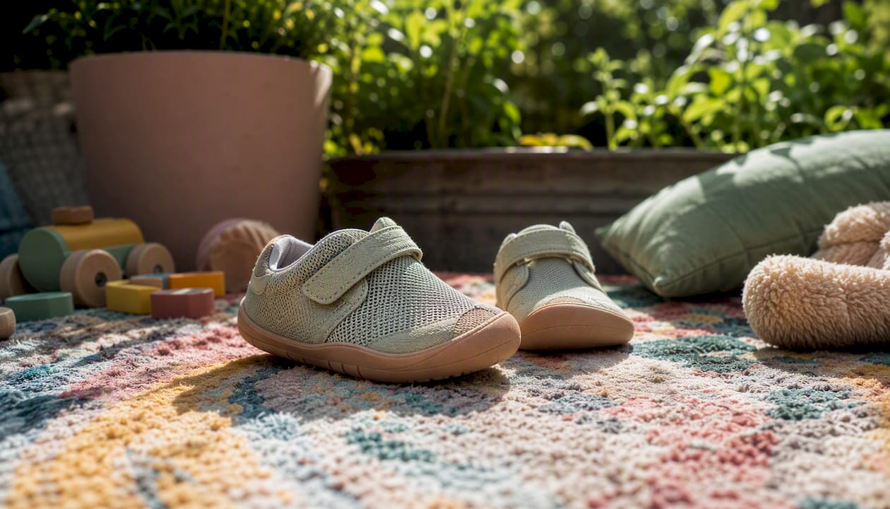 Leichte und flexible Kinderschuhe auf einem Holzboden