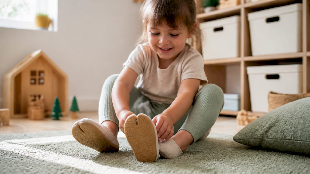 Ein Kind probiert gerade Schuhe an, die besonders flexibel sind und vorne viel Platz für die Zehen bieten.