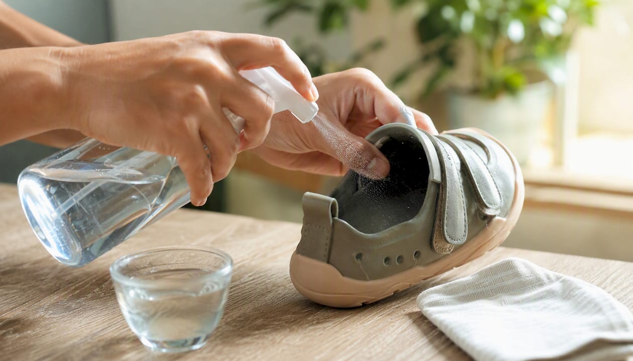 Eine Essig-Wasser-Mischung in den Kinderschuh sprühen