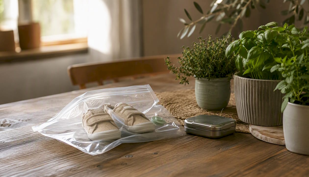 Ein Paar Stoffschuhe steckt luftdicht verpackt in einem Gefrierbeutel und liegt auf der Küchenarbeitsplatte.