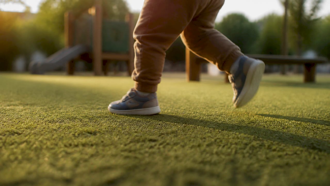 Ein Kind tobt draußen und genießt die Bewegungsfreiheit dank seiner flexiblen Schuhe.