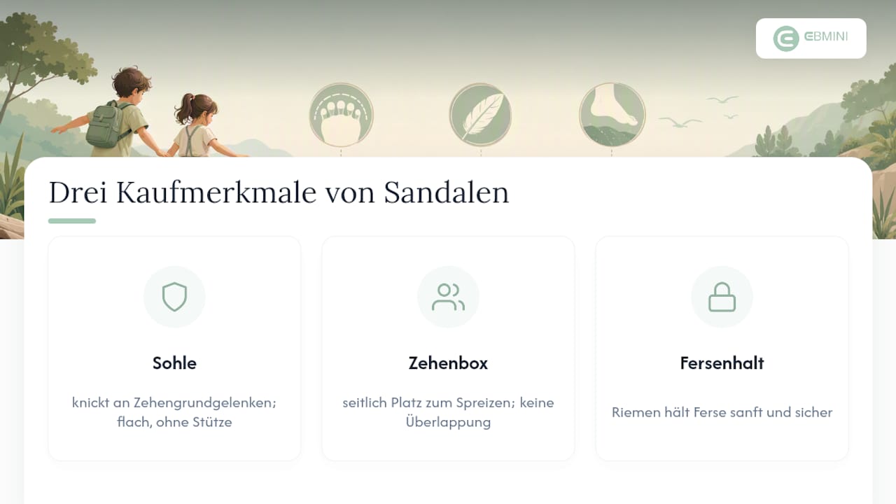 Diagramm mit den drei wichtigsten Merkmalen barfüßiger Sandalen