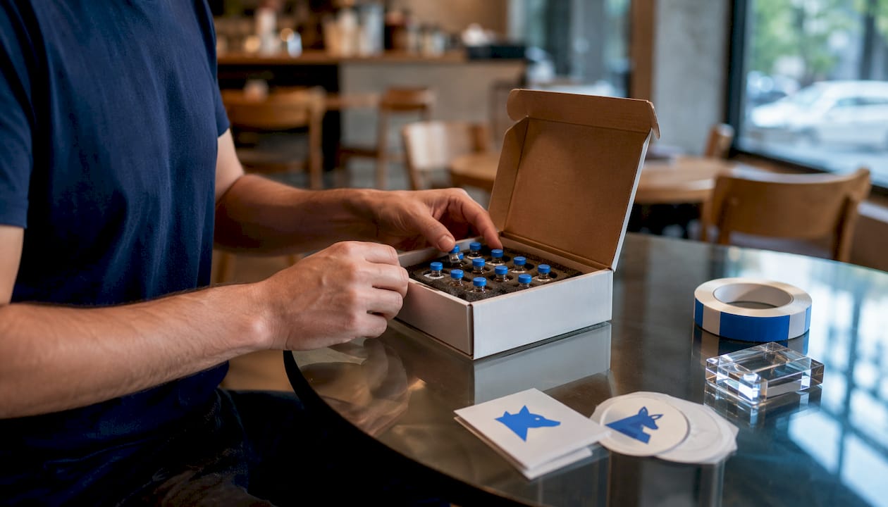 Hands packing peptide vials for shipping