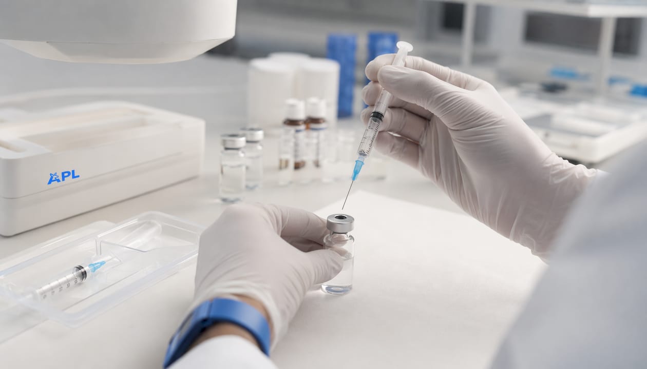 Hands drawing diluent with needle and vial