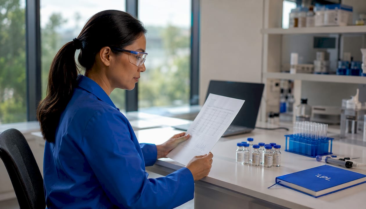 Scientist reviewing peptide quality certificate
