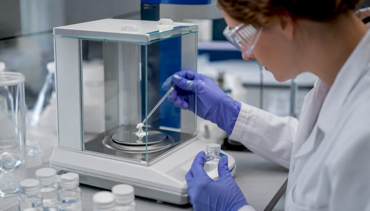 Lab scientist weighing peptide powder on microbalance