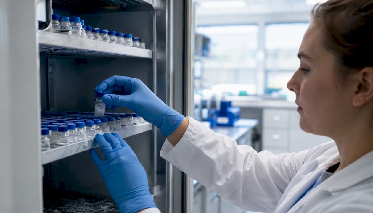 Hands labeling peptide vials in cold storage