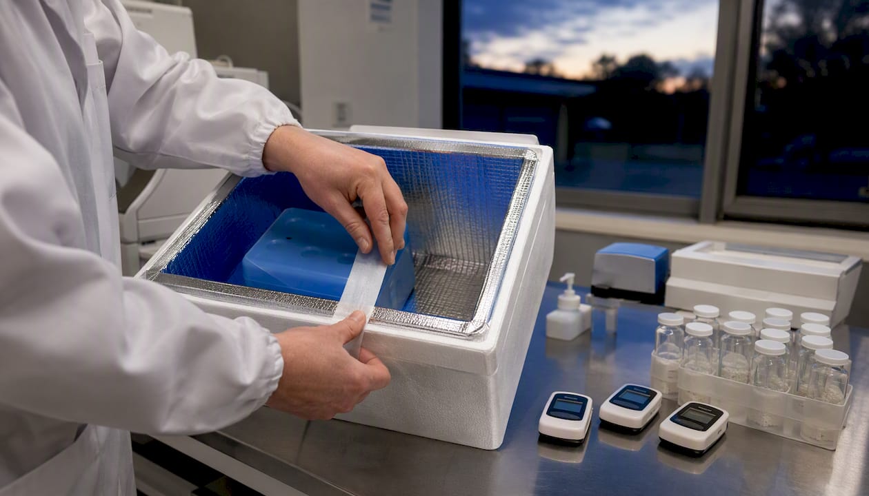 Hands packing insulated cold-chain shipment box