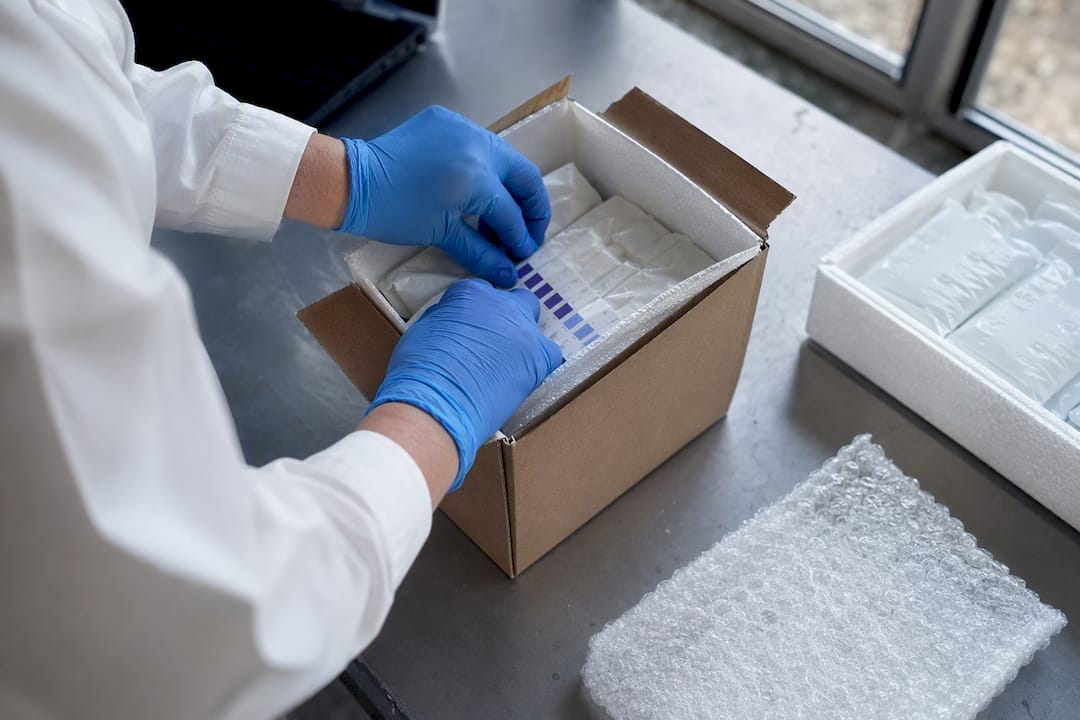 Hands sealing peptide cold-chain shipment box