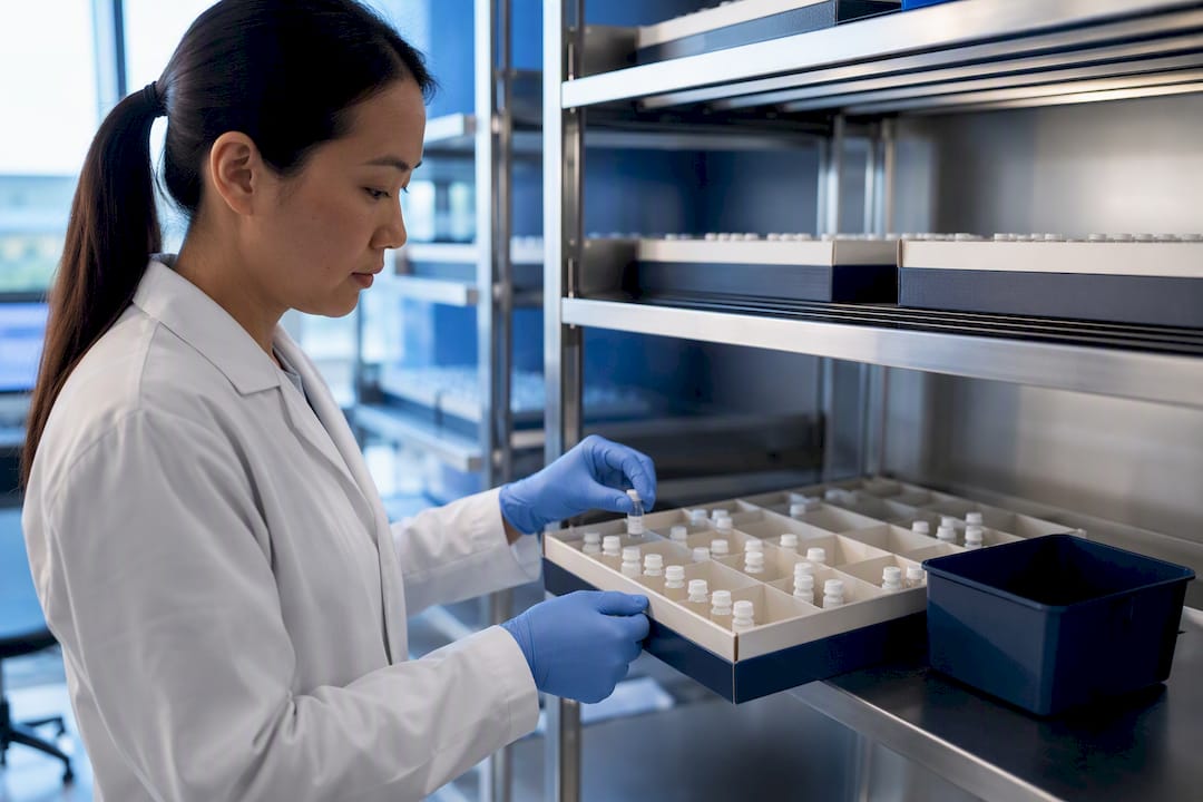 Technician counting vials in organized laboratory storage