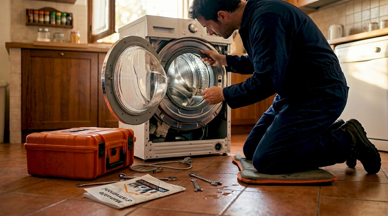 Tecnico alle prese con il controllo di una lavatrice smontata