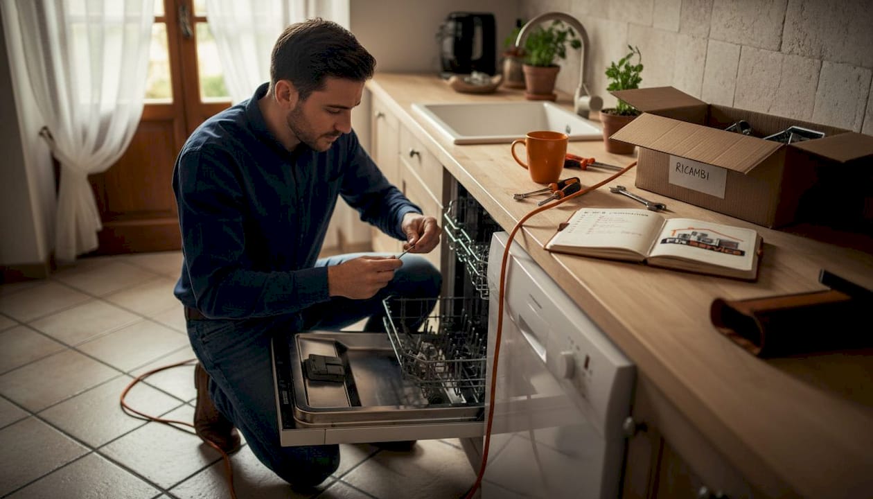 Un tecnico sta sistemando la lavatrice in cucina.