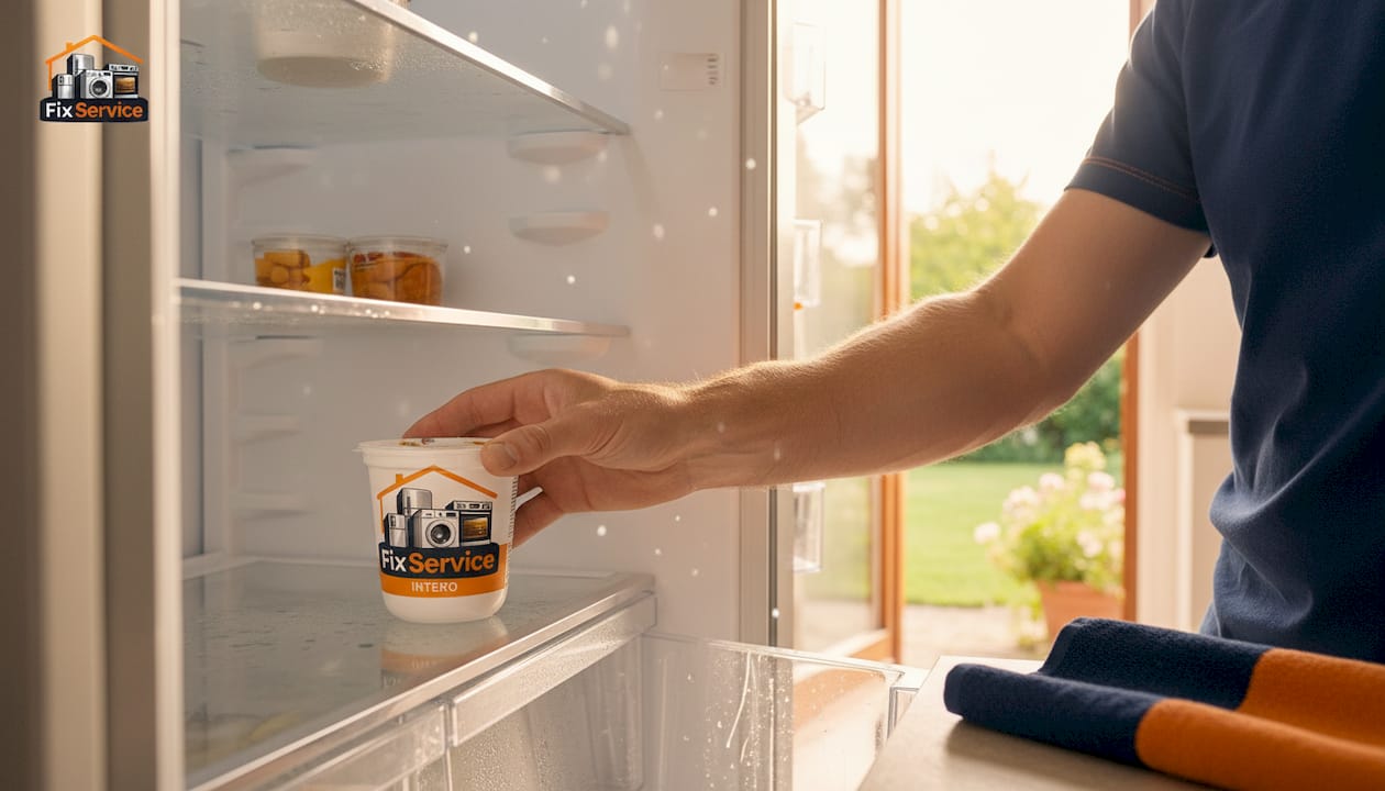 Sportello del frigorifero appannato e una mano che prende del cibo all’interno