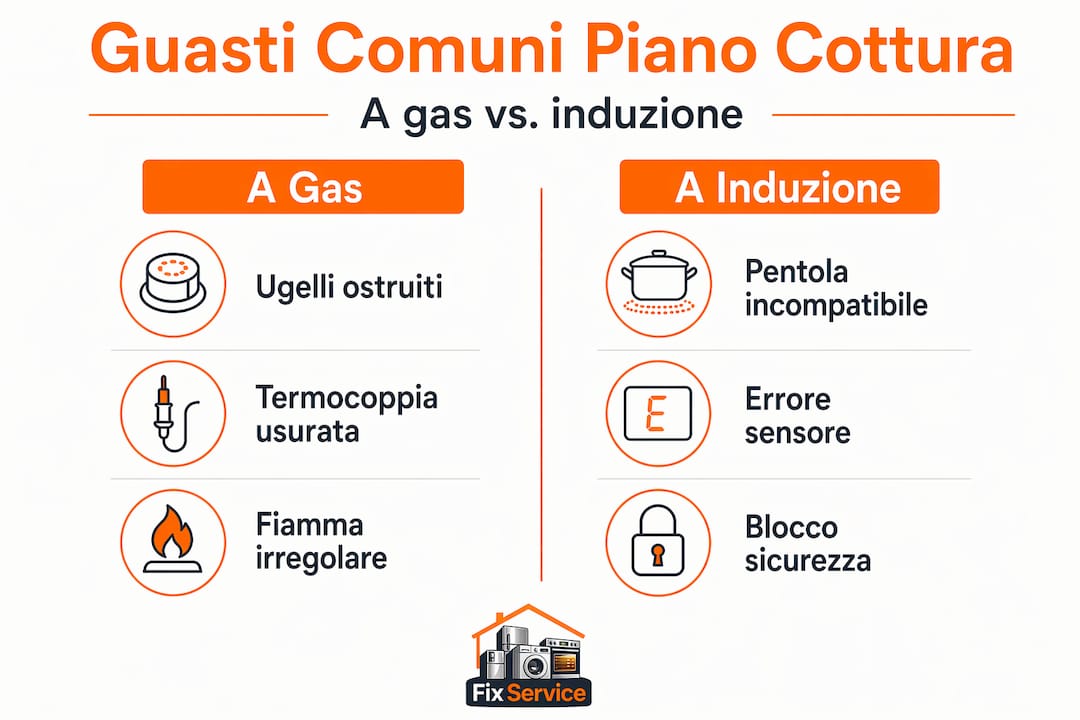 Infografica che mette a confronto i guasti più comuni dei piani cottura a gas e a induzione