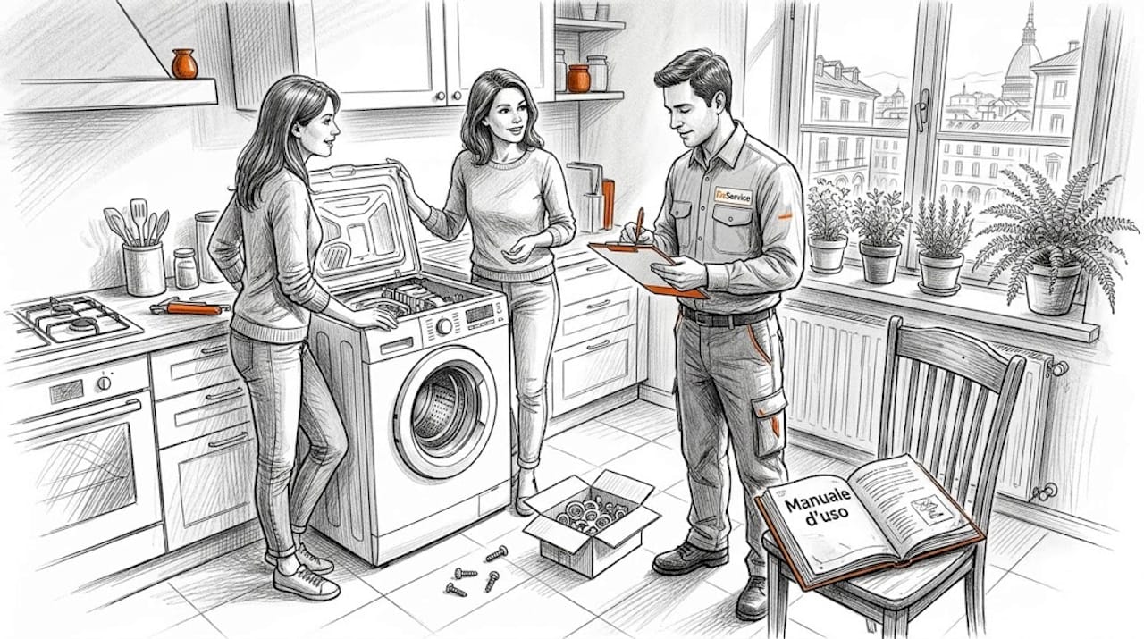 Il tecnico e il cliente stanno controllando insieme la lavatrice per capire quale sia il problema.