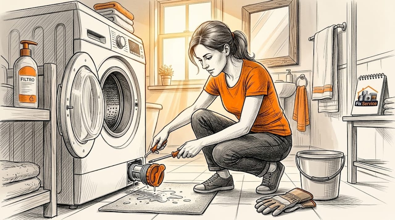 Una donna sta smontando e pulendo il filtro della lavatrice nel bagno.
