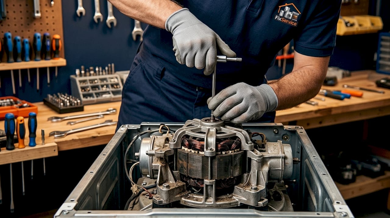 Un tecnico all'opera mentre esegue la manutenzione del motore di una lavatrice