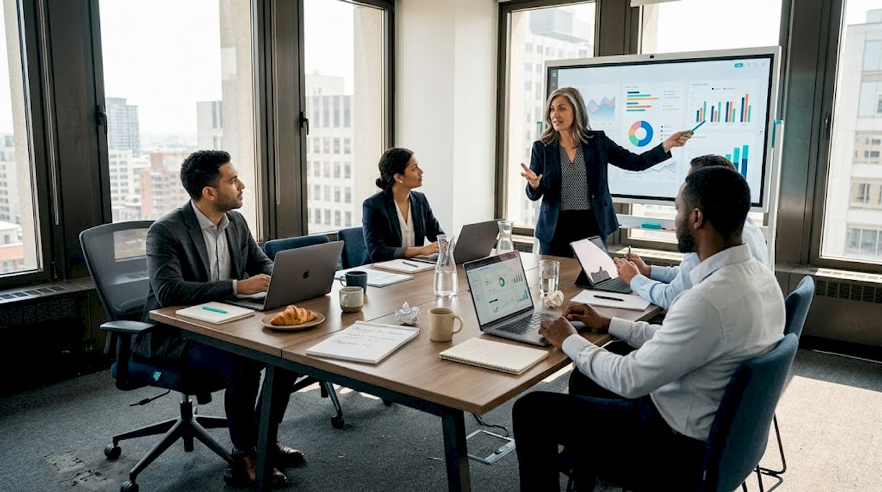 Une équipe qui collabore au sein d'un bureau d'entreprise, échangeant idées et solutions pour atteindre leurs objectifs communs.