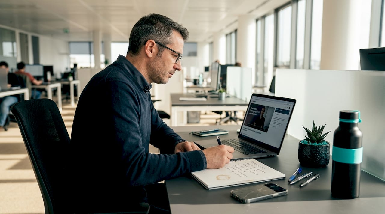 Un salarié en pleine formation, installé à son bureau devant son ordinateur portable.