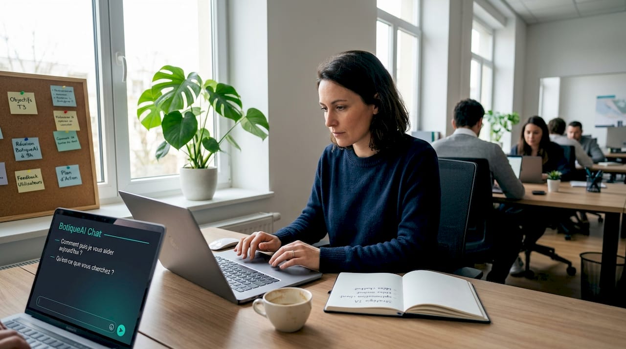 Un salarié de PME consulte un chatbot sur son ordinateur au bureau.