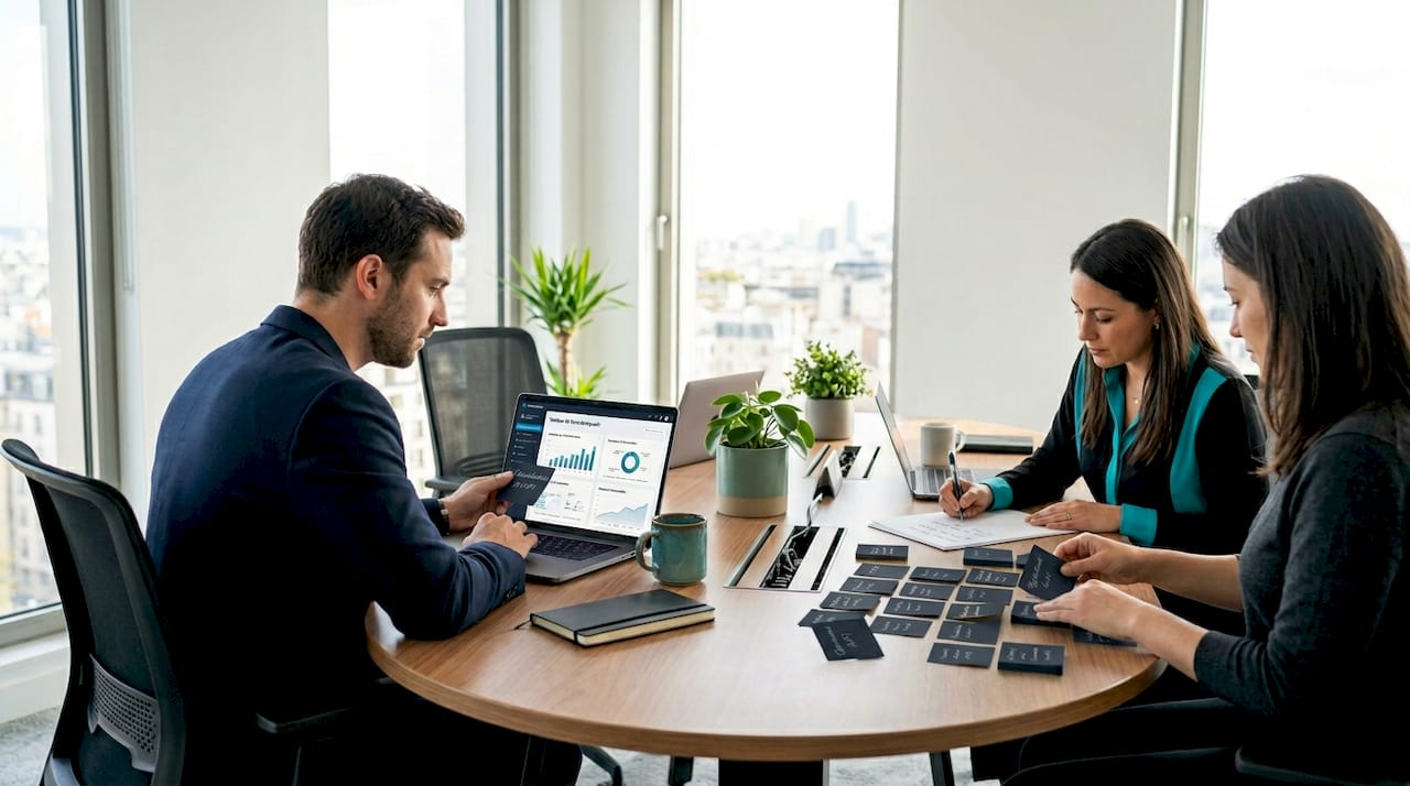 Une équipe réunit ses idées autour d'une table pour avancer sur un projet d'intelligence artificielle.
