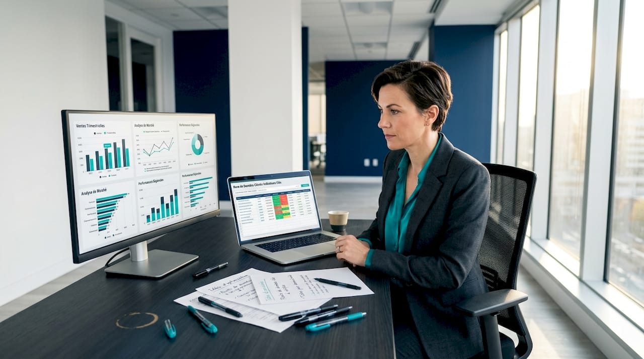 Un analyste examine et compare des données sur son poste de travail au bureau.