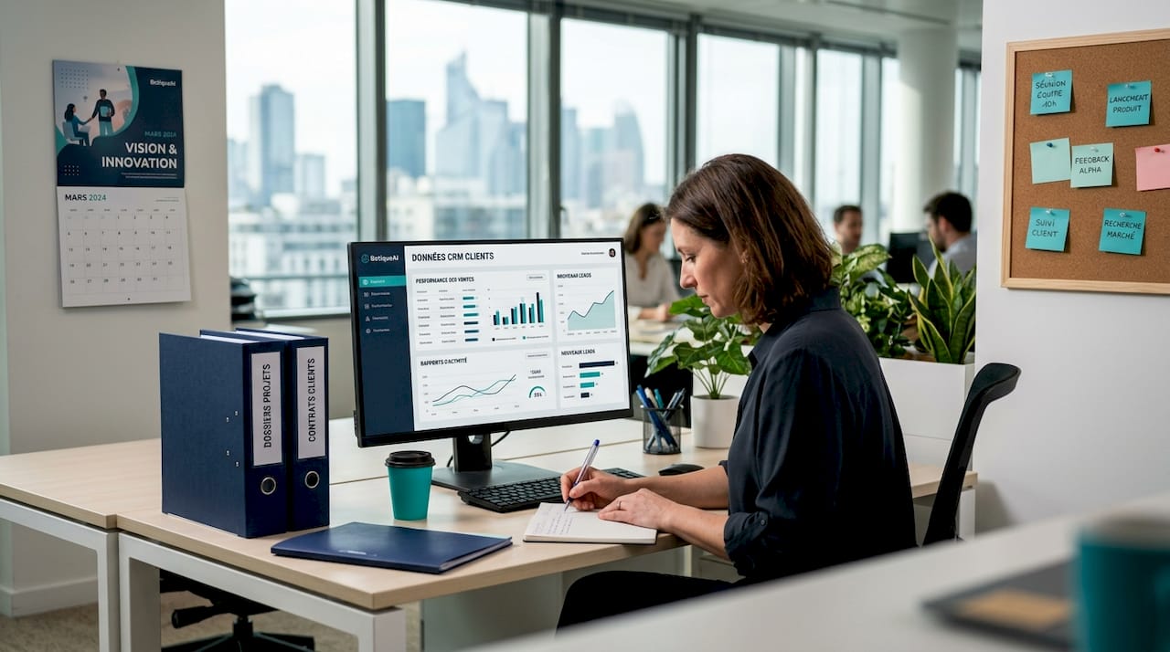 Un professionnel analyse les données clients sur son poste de travail dans une PME.