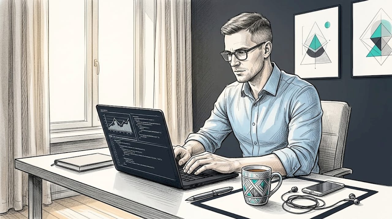 Installé à son bureau baigné de lumière, une personne développe un premier prototype d’intelligence artificielle.