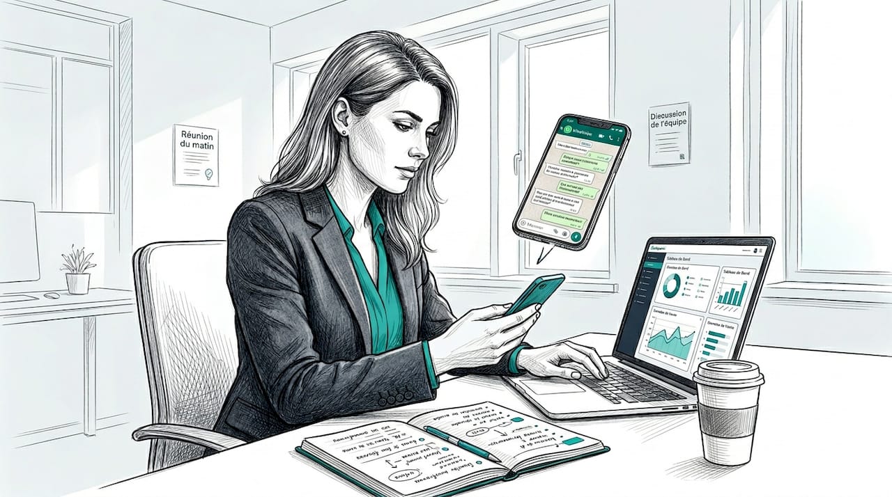 Une chef d’entreprise échange avec un chatbot WhatsApp depuis son bureau.