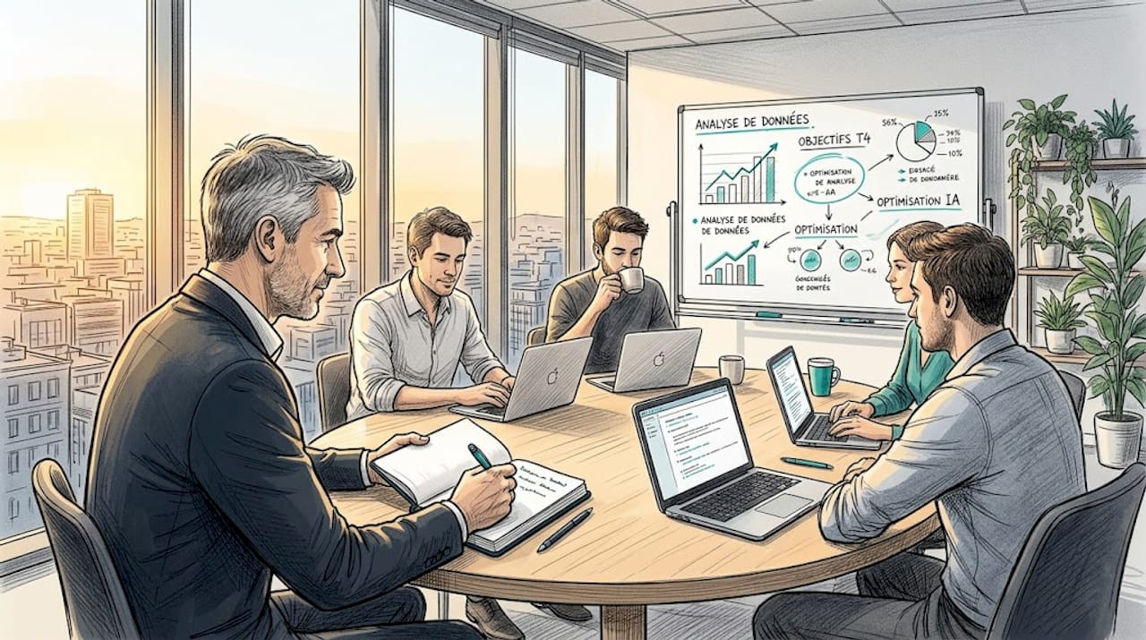A manager leading a team meeting in the office.