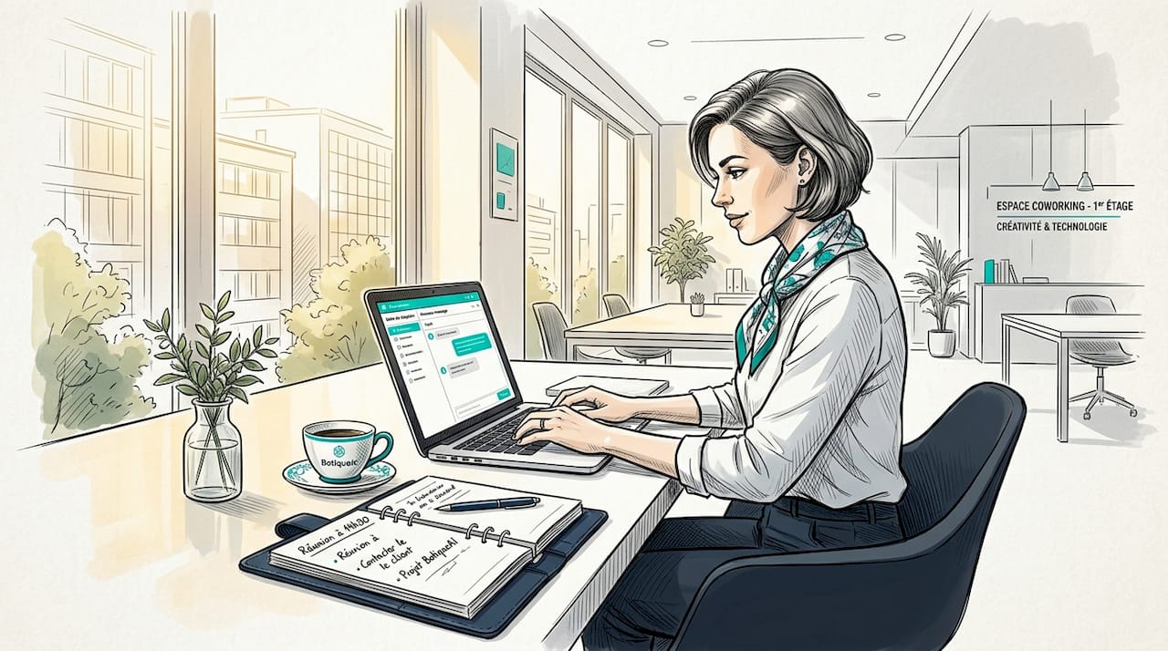 Une cheffe d'entreprise en pleine utilisation d'un assistant conversationnel au travail