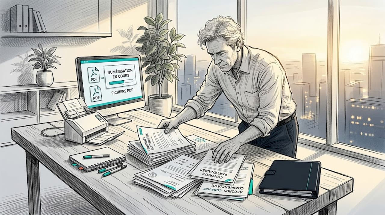 Un salarié en train de numériser et de classer des dossiers professionnels