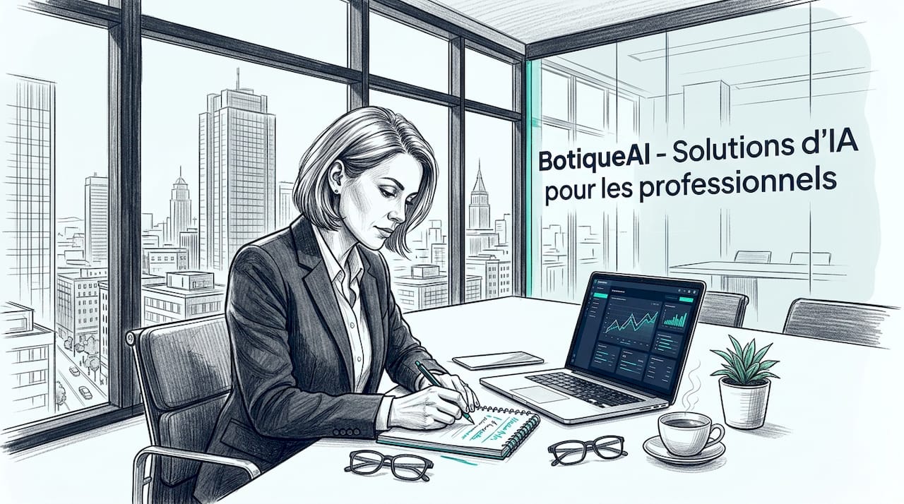 Une consultante spécialisée en intelligence artificielle en pleine réflexion sur la mise en place d’un projet pilote, assise à son bureau.