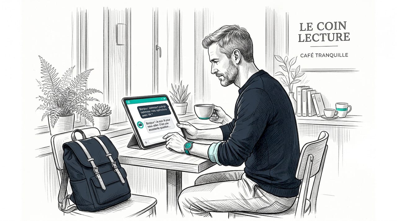 Dans l’ambiance animée d’un café, un homme échange avec un chatbot sur son téléphone.