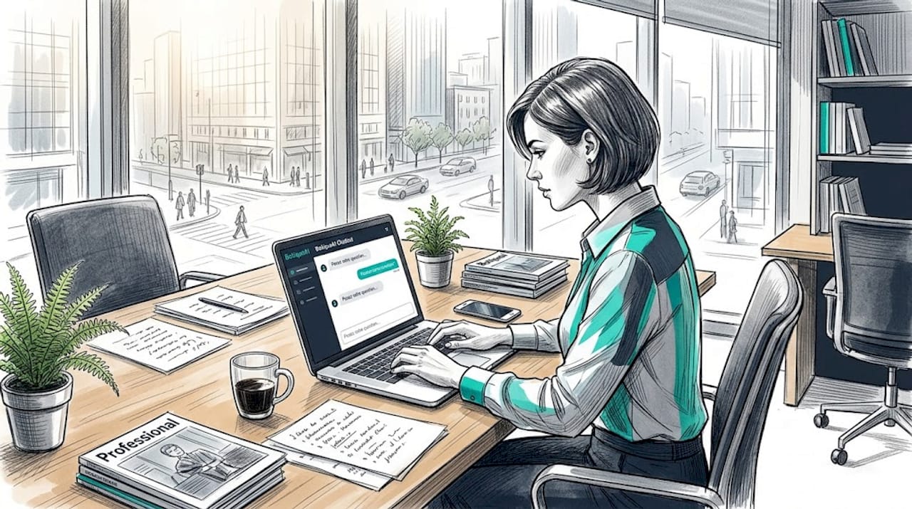 Une femme d’affaires échange avec un assistant virtuel dans son espace de travail.